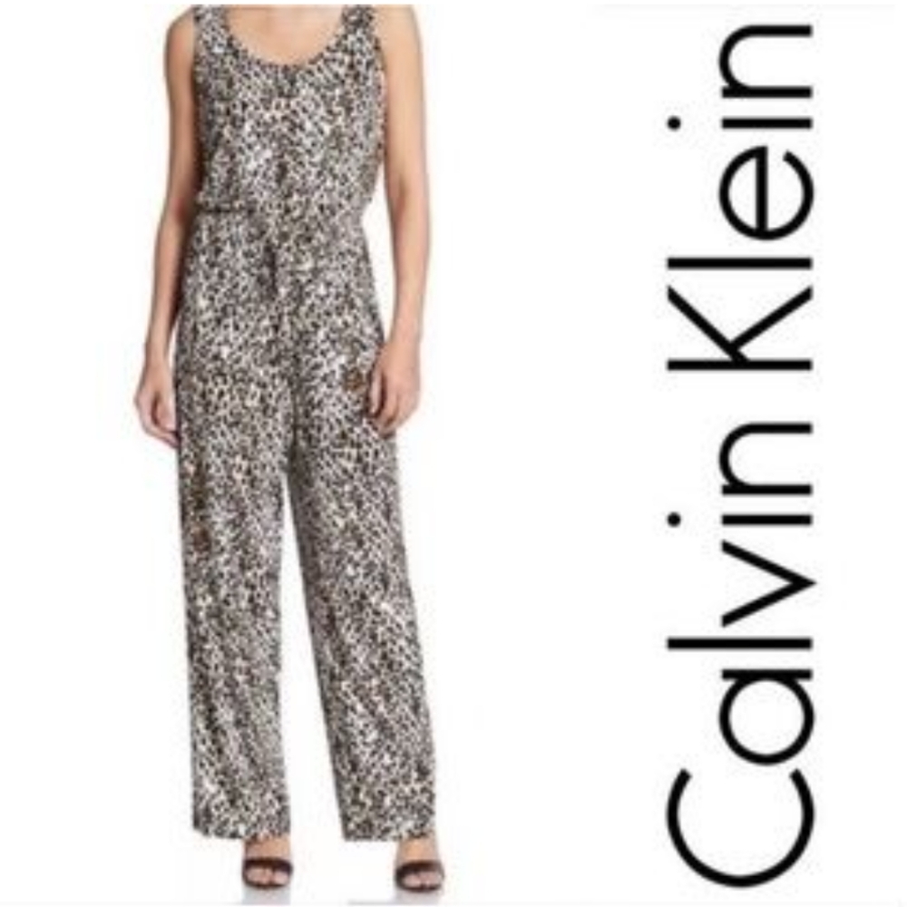 Calvin Klein Leopard Print Jumpsuit in Black and Cream